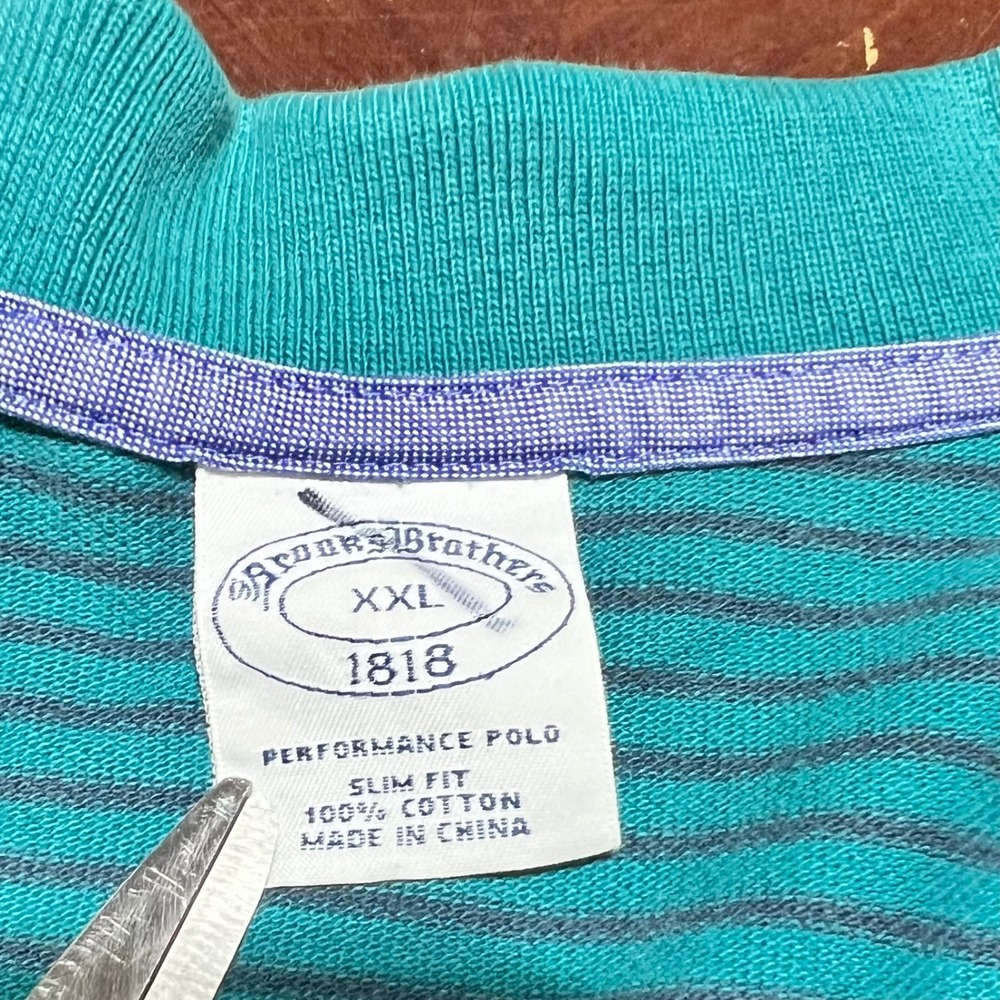 Brooks Brothers Performance Polo Mens XXL Slim Fit Teal Navy Stripe Cotton Shirt - Picture 6 of 10